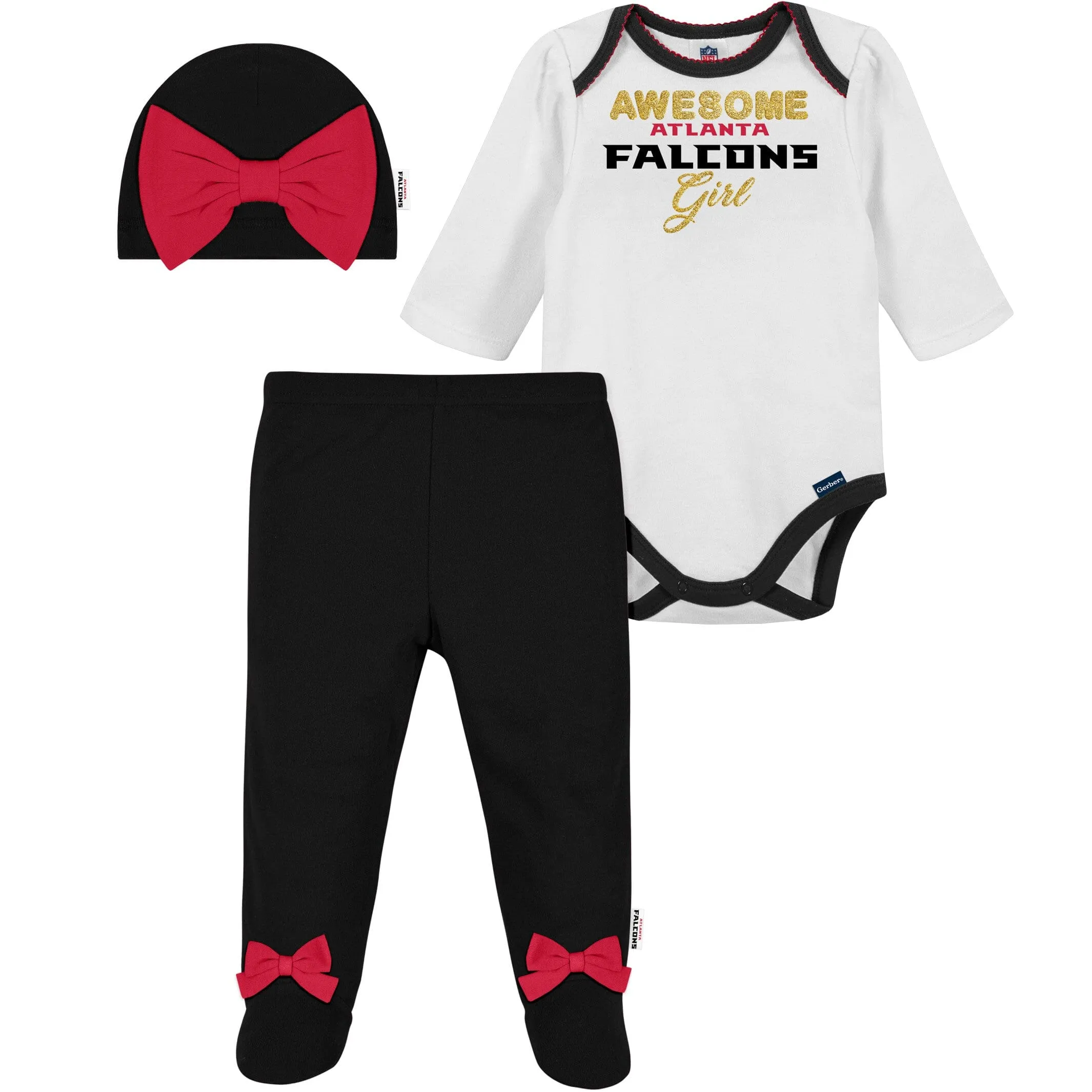 3-Piece Baby Girls Falcons Bodysuit, Footed Pant, & Cap Set