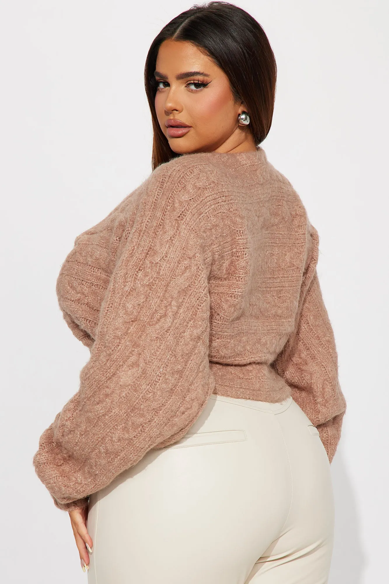 All Things Sweet Cable Knit Crossover Sweater - Mocha