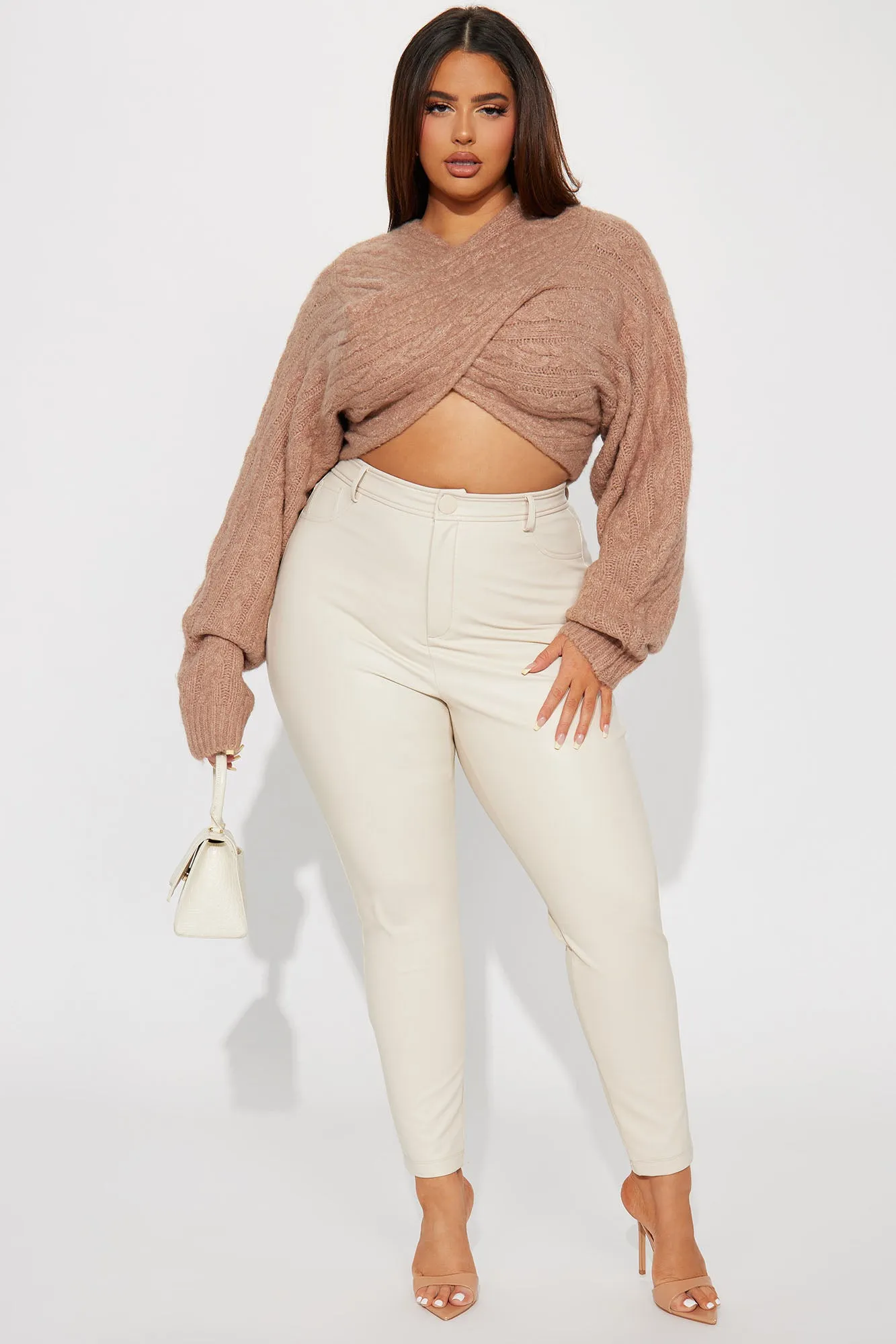 All Things Sweet Cable Knit Crossover Sweater - Mocha