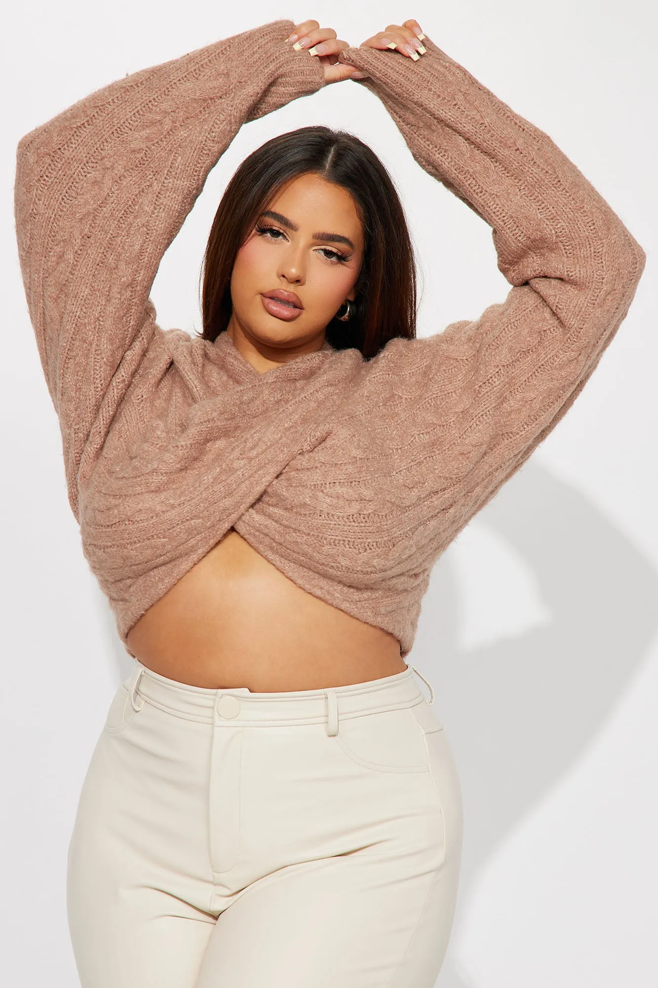 All Things Sweet Cable Knit Crossover Sweater - Mocha