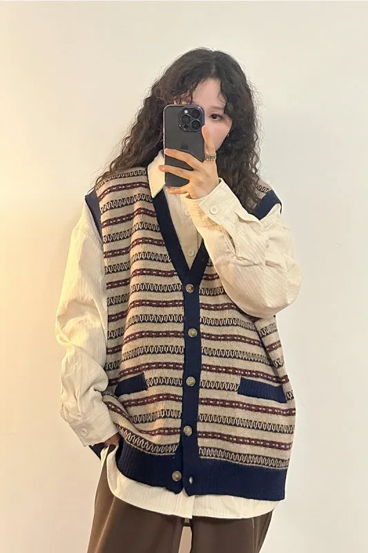 American Retro Loose V-Neck Knit Cardigan Striped Vest Sweater