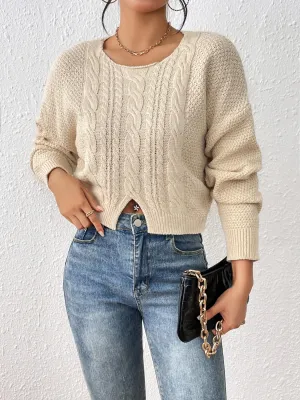 BerryBetty - Cable-Knit Slit Drop Shoulder Sweater