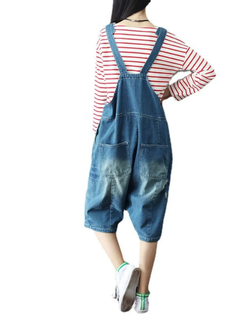 Bohemian Style Women's Short Patch Denim Overalls