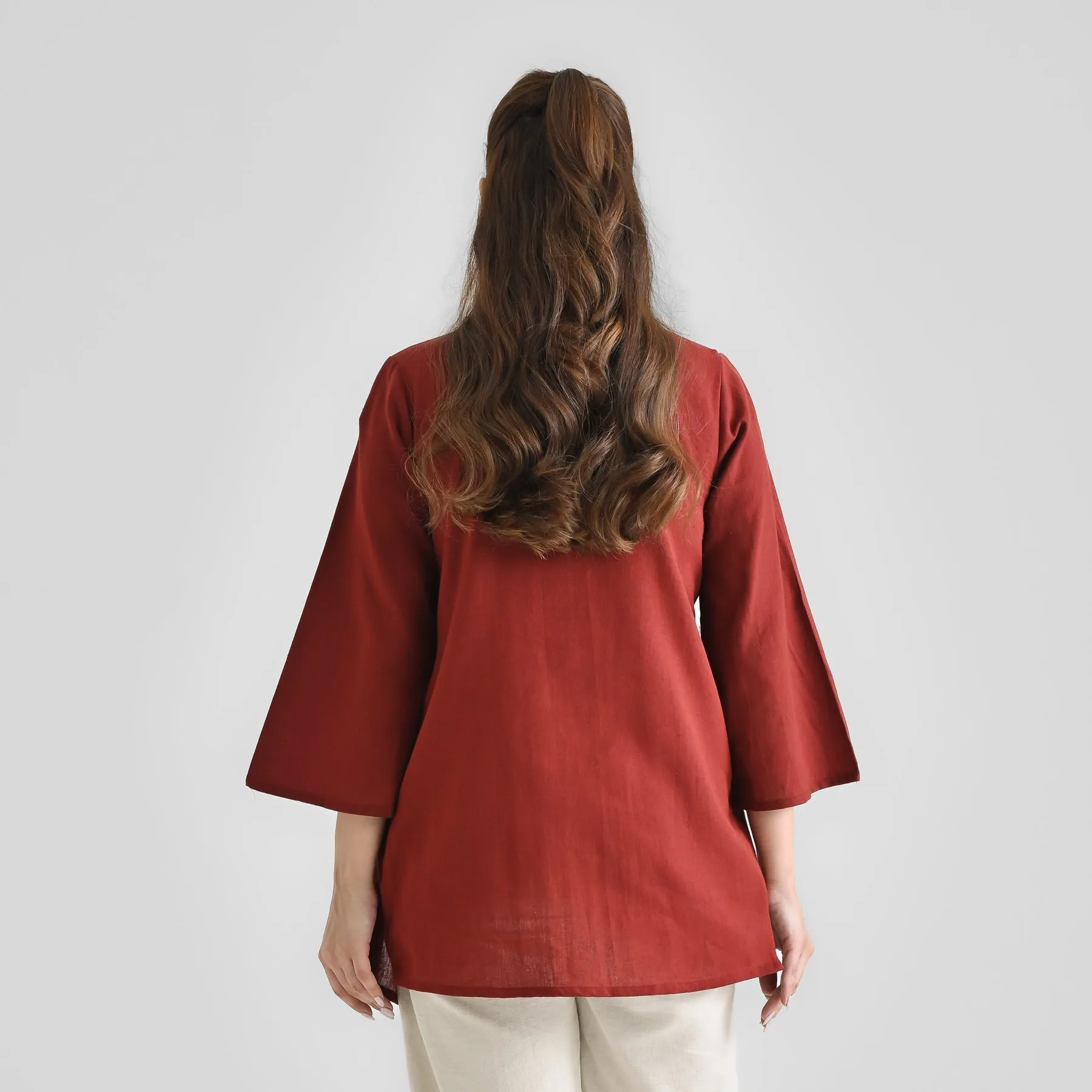 Brown Linen Cotton Tunic with Pintuck Detail