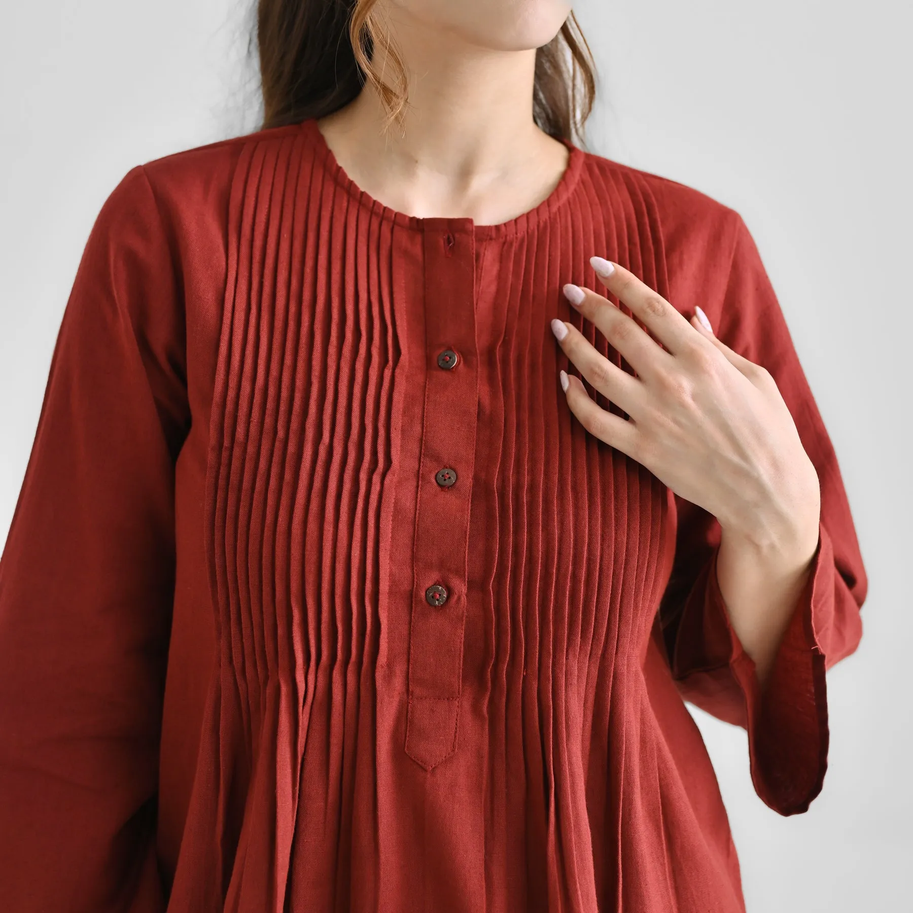 Brown Linen Cotton Tunic with Pintuck Detail