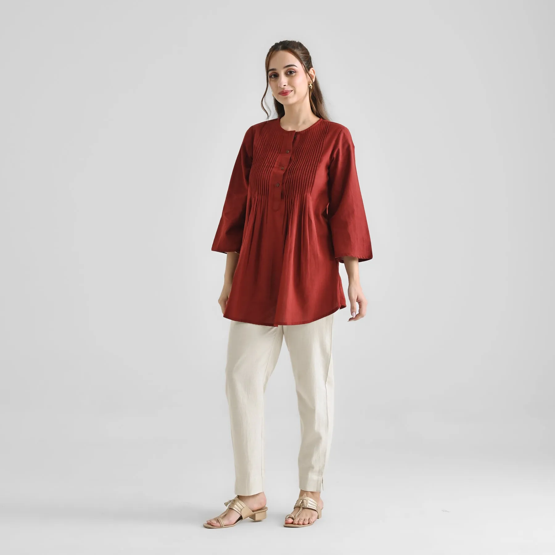 Brown Linen Cotton Tunic with Pintuck Detail