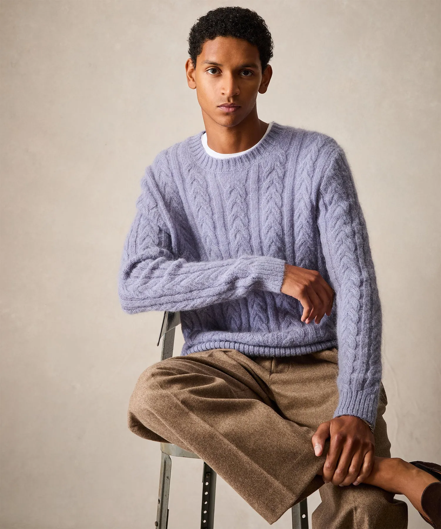 Brushed Cable Knit Crewneck Sweater in Dusty Lavender