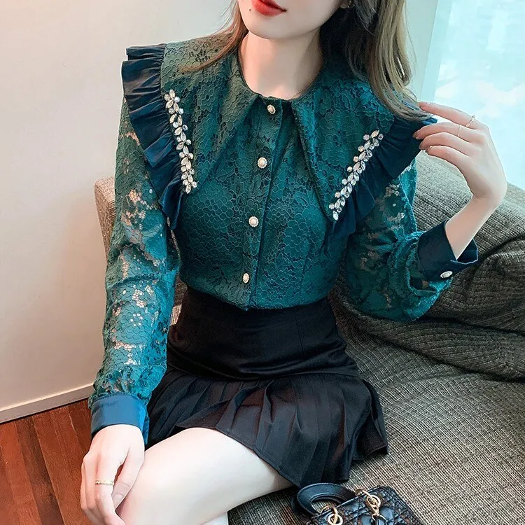 deanwangkt Hollow Out Lace Shirt Women Blusas Mujer De Moda  Office Lady Flower Blouse Diamond Lapel Long Sleeve Female Clothing