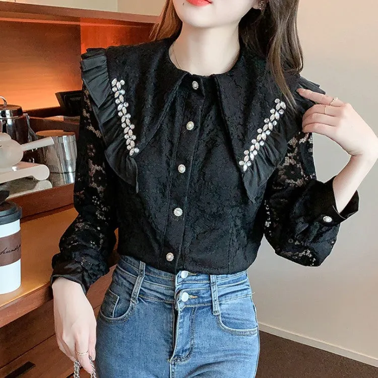 deanwangkt Hollow Out Lace Shirt Women Blusas Mujer De Moda  Office Lady Flower Blouse Diamond Lapel Long Sleeve Female Clothing