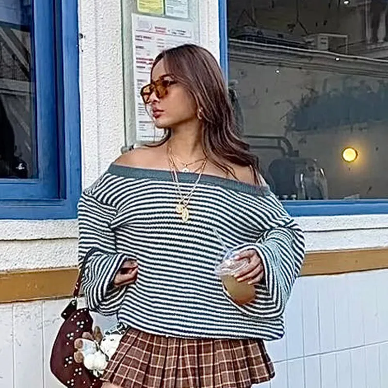 Fashionkova Nura Striped Off-Shoulder Sweater