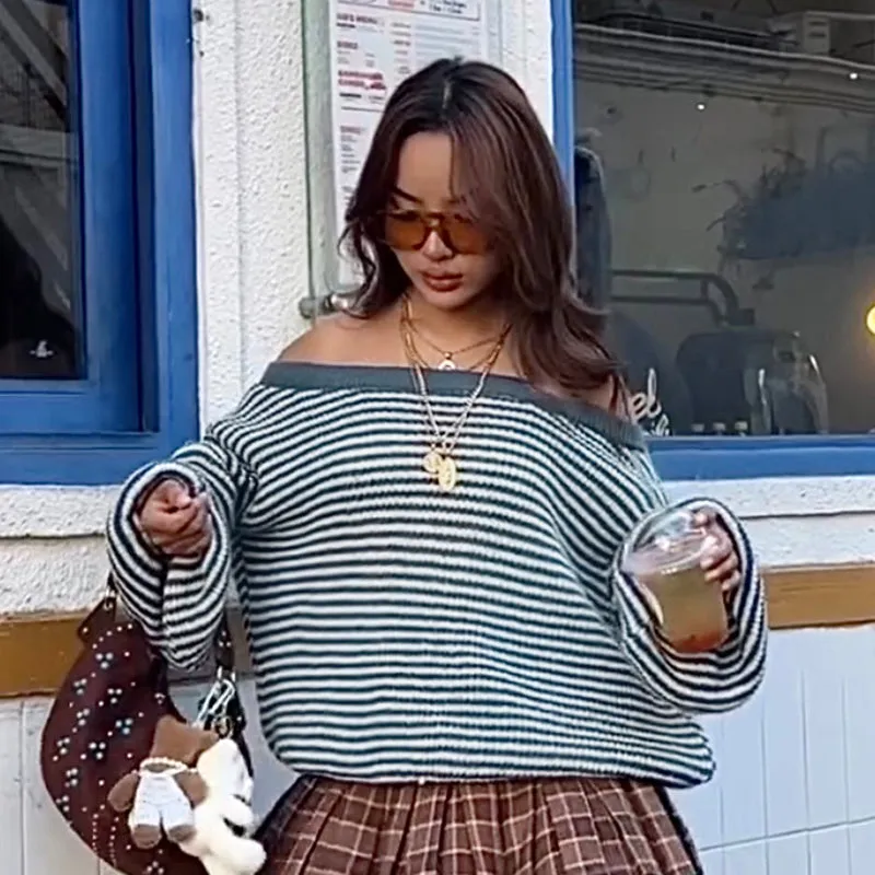 Fashionkova Nura Striped Off-Shoulder Sweater