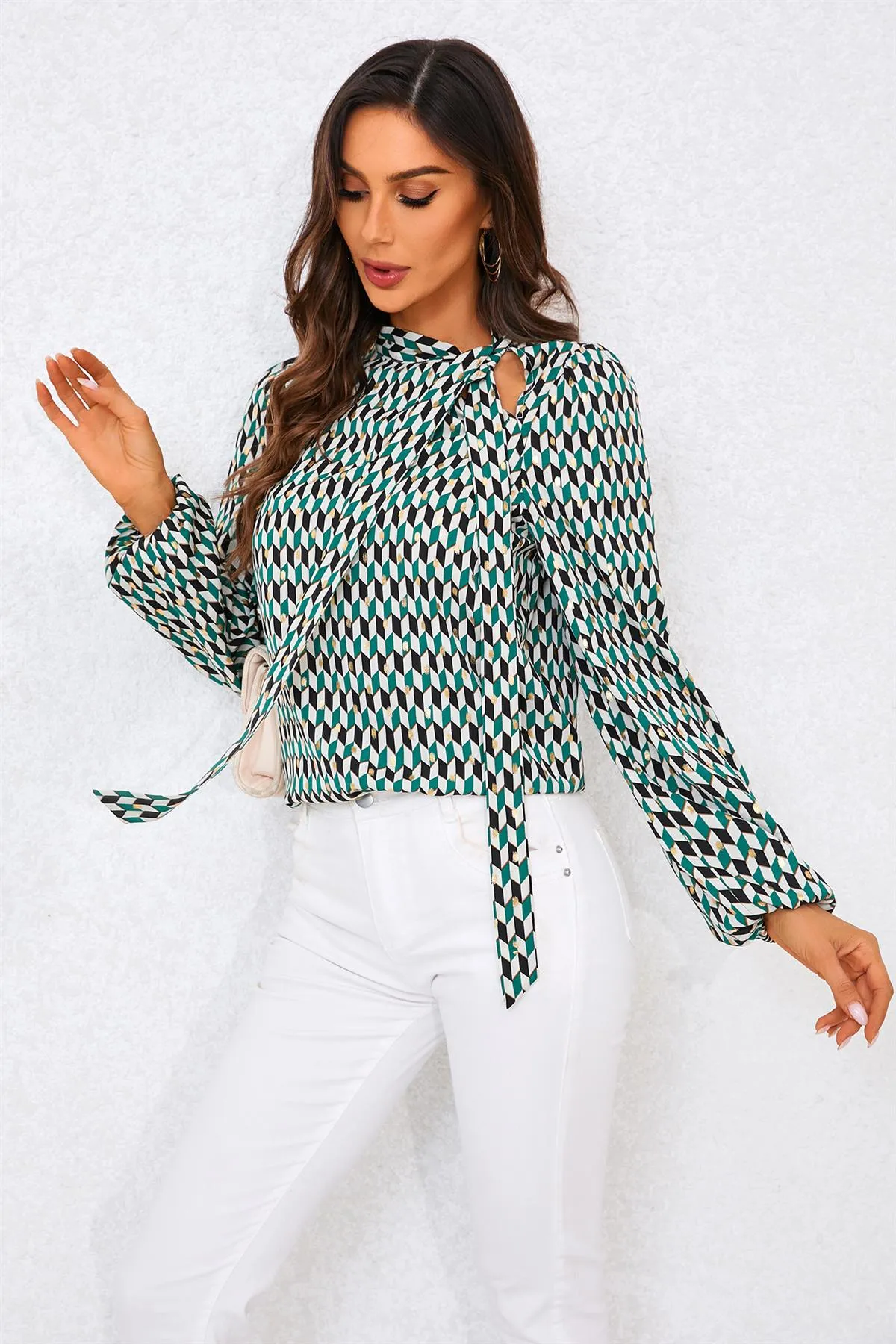 FS Collection Geo Print Side Tie Blouse Top In Green