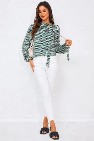 FS Collection Geo Print Side Tie Blouse Top In Green