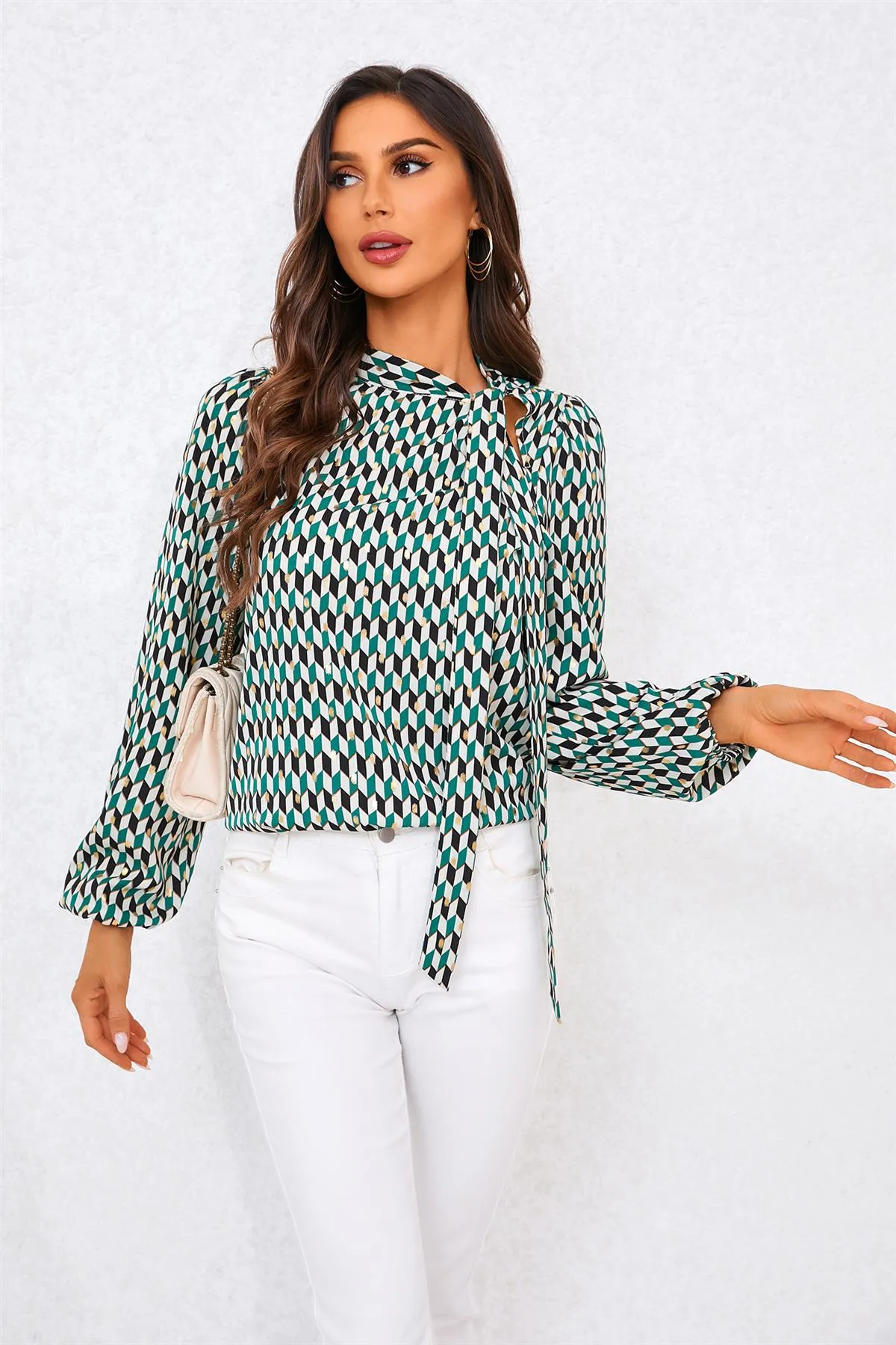 FS Collection Geo Print Side Tie Blouse Top In Green