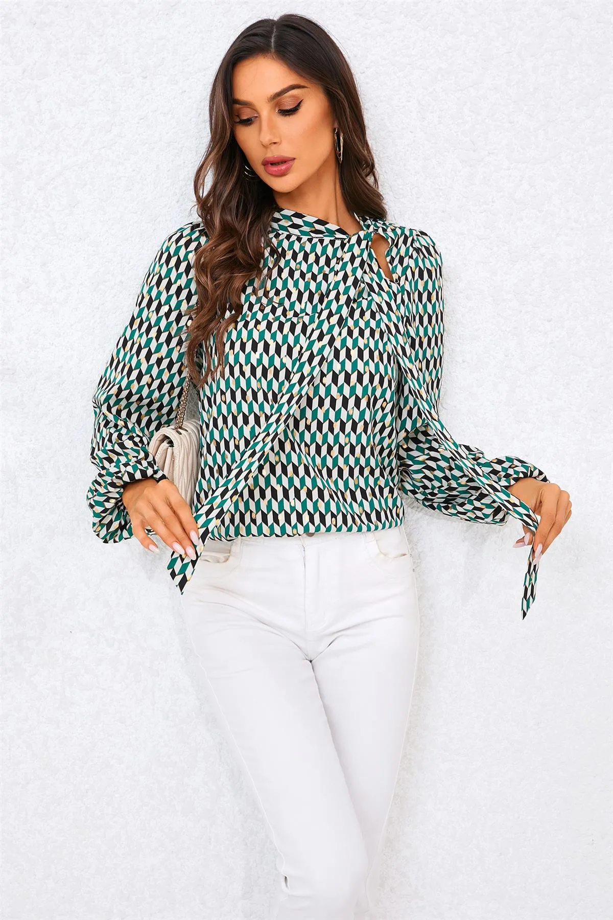 FS Collection Geo Print Side Tie Blouse Top In Green