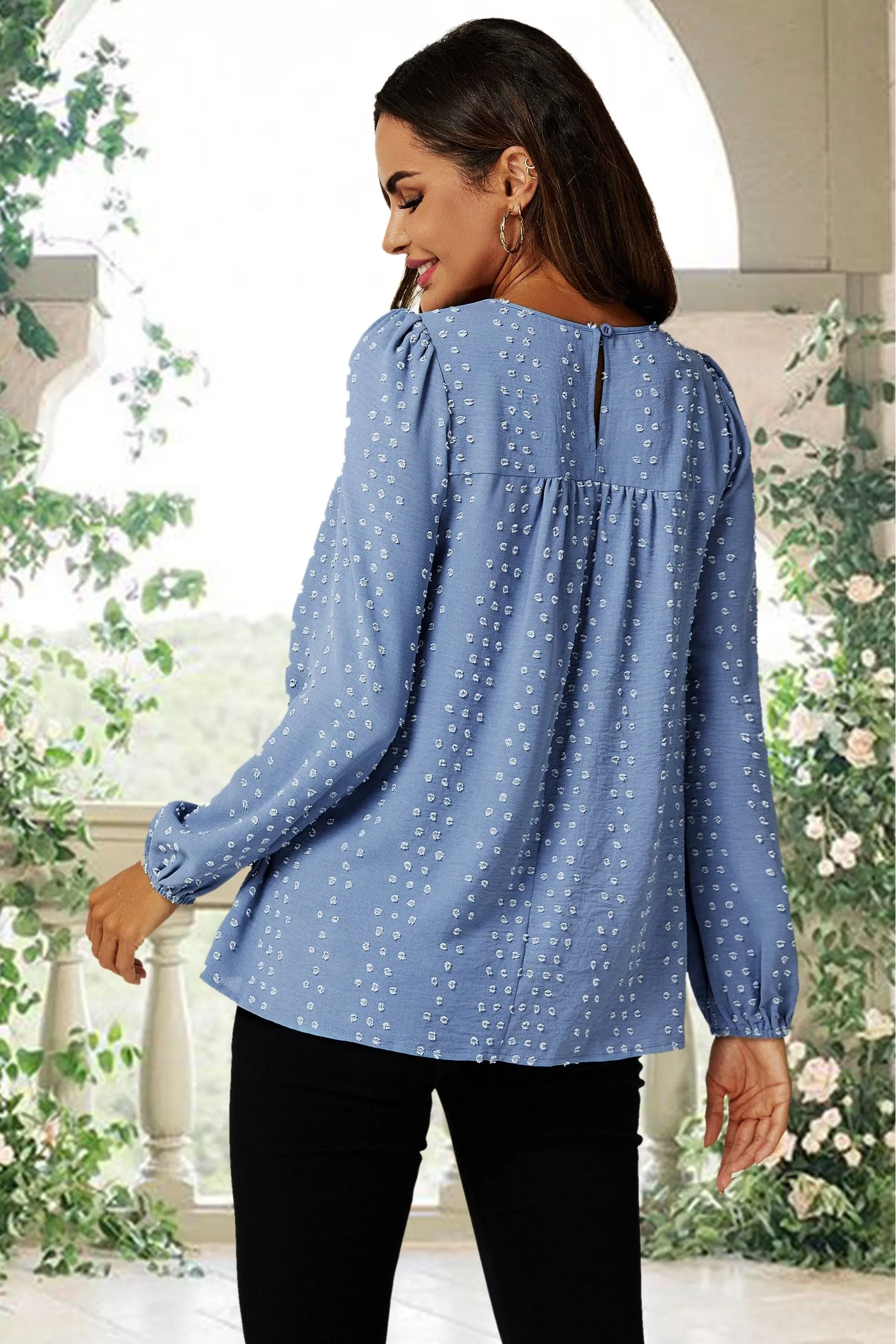 FS Collection Lace Detail Long Sleeve Blouse Top In Blue