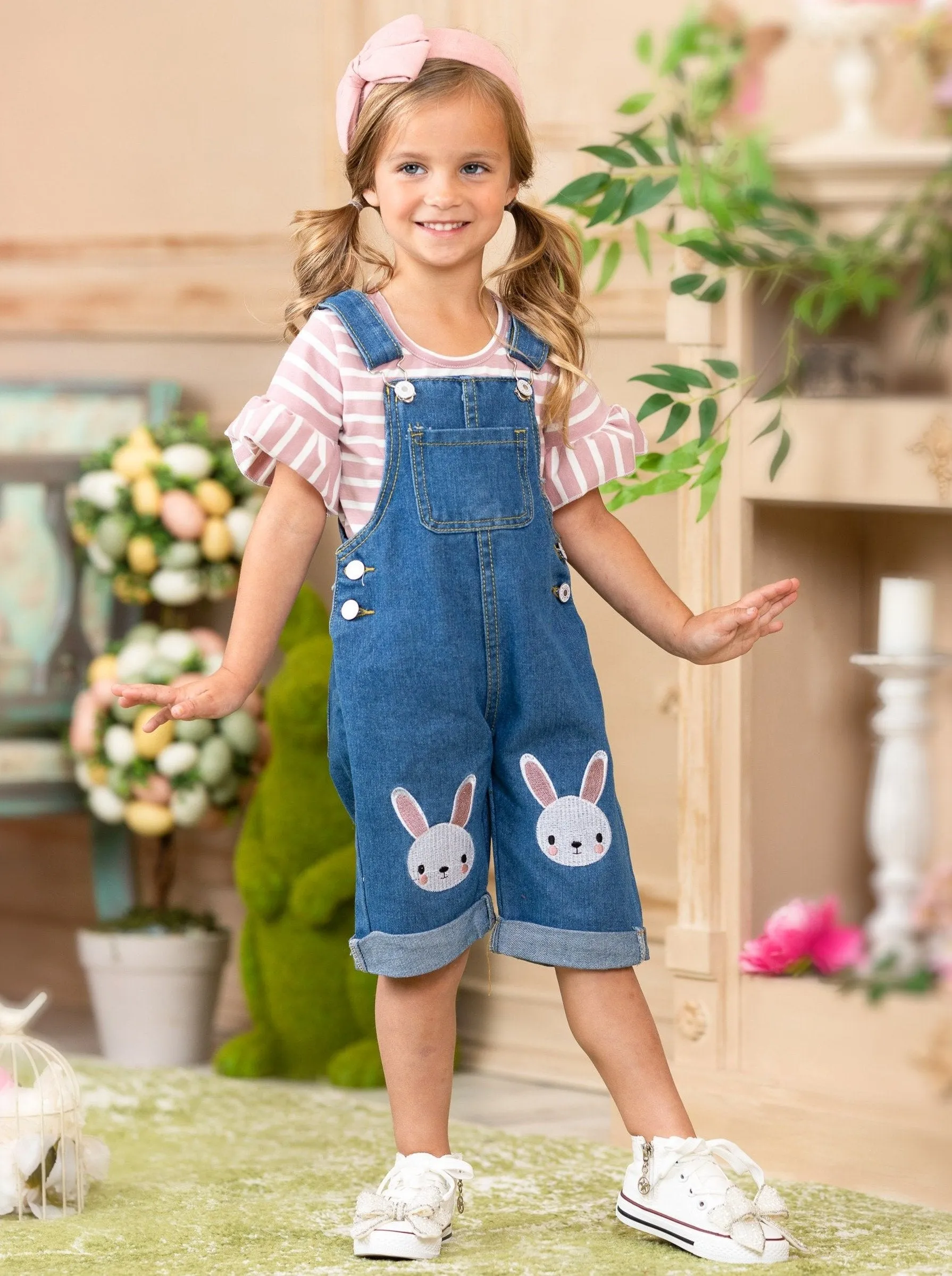 Girls Carefree Days Top with Denim Overall Easter Set