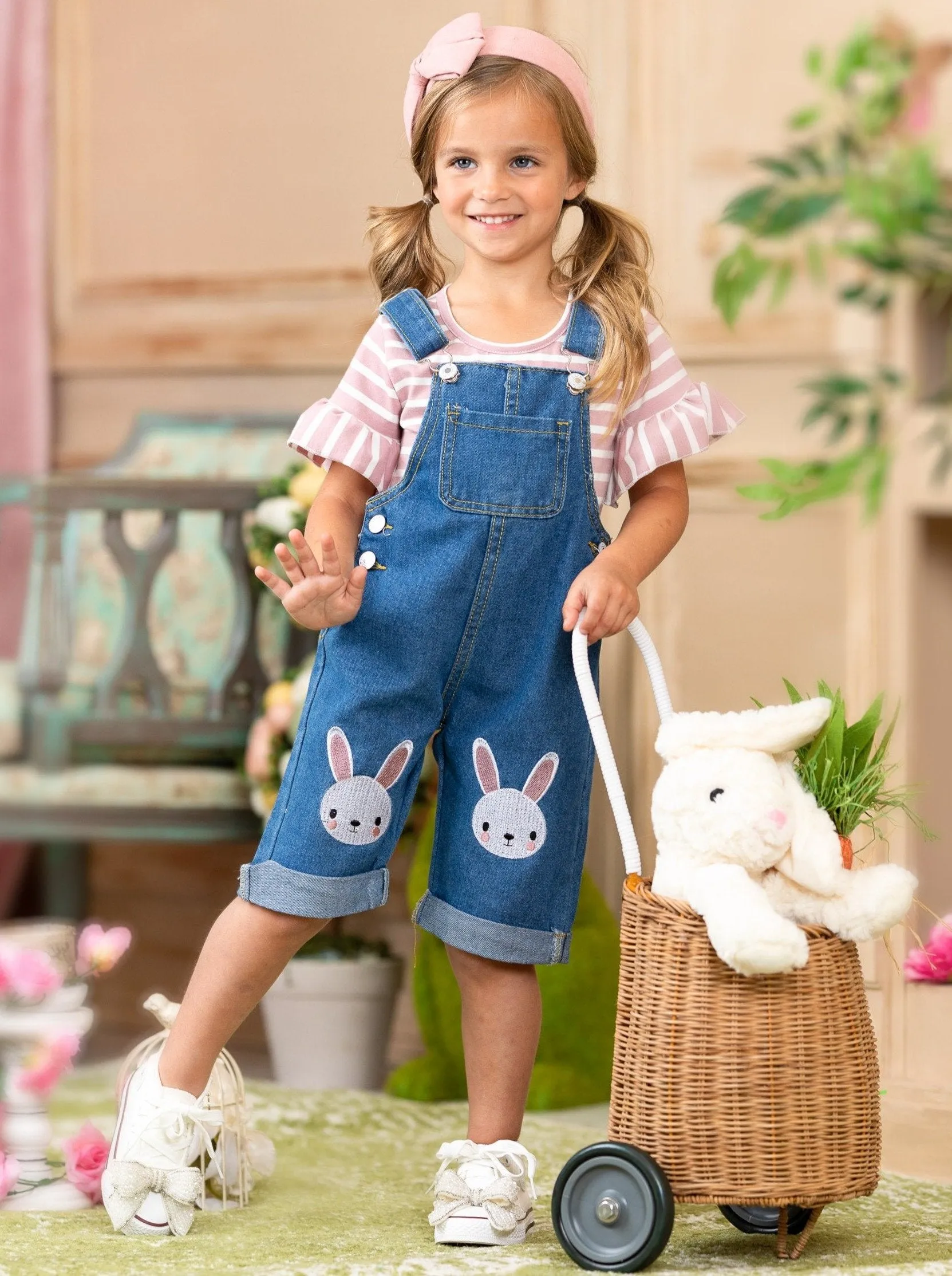 Girls Carefree Days Top with Denim Overall Easter Set