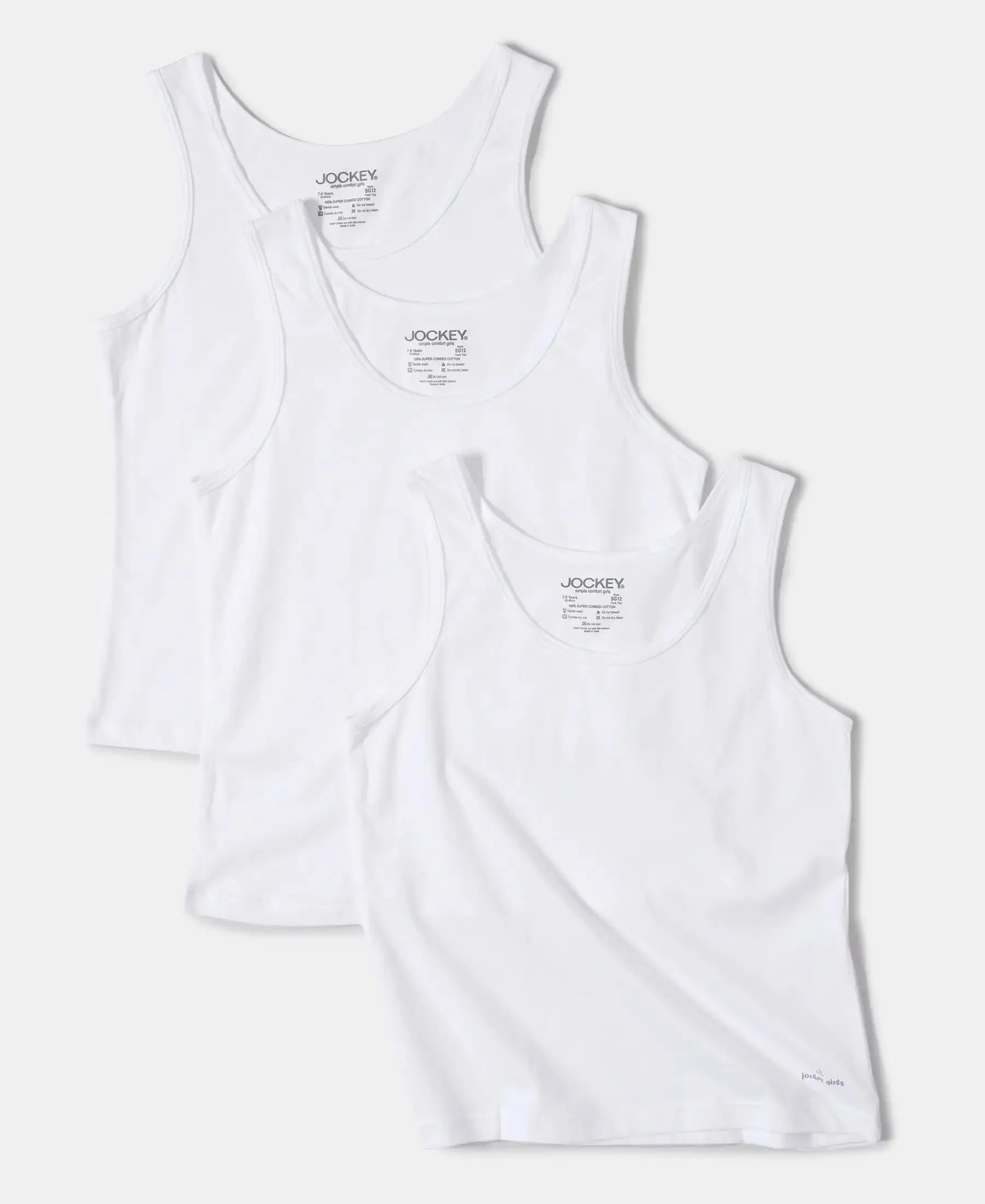 Girl's Super Combed Cotton Solid Inner Tank Top - White (Pack of 3)