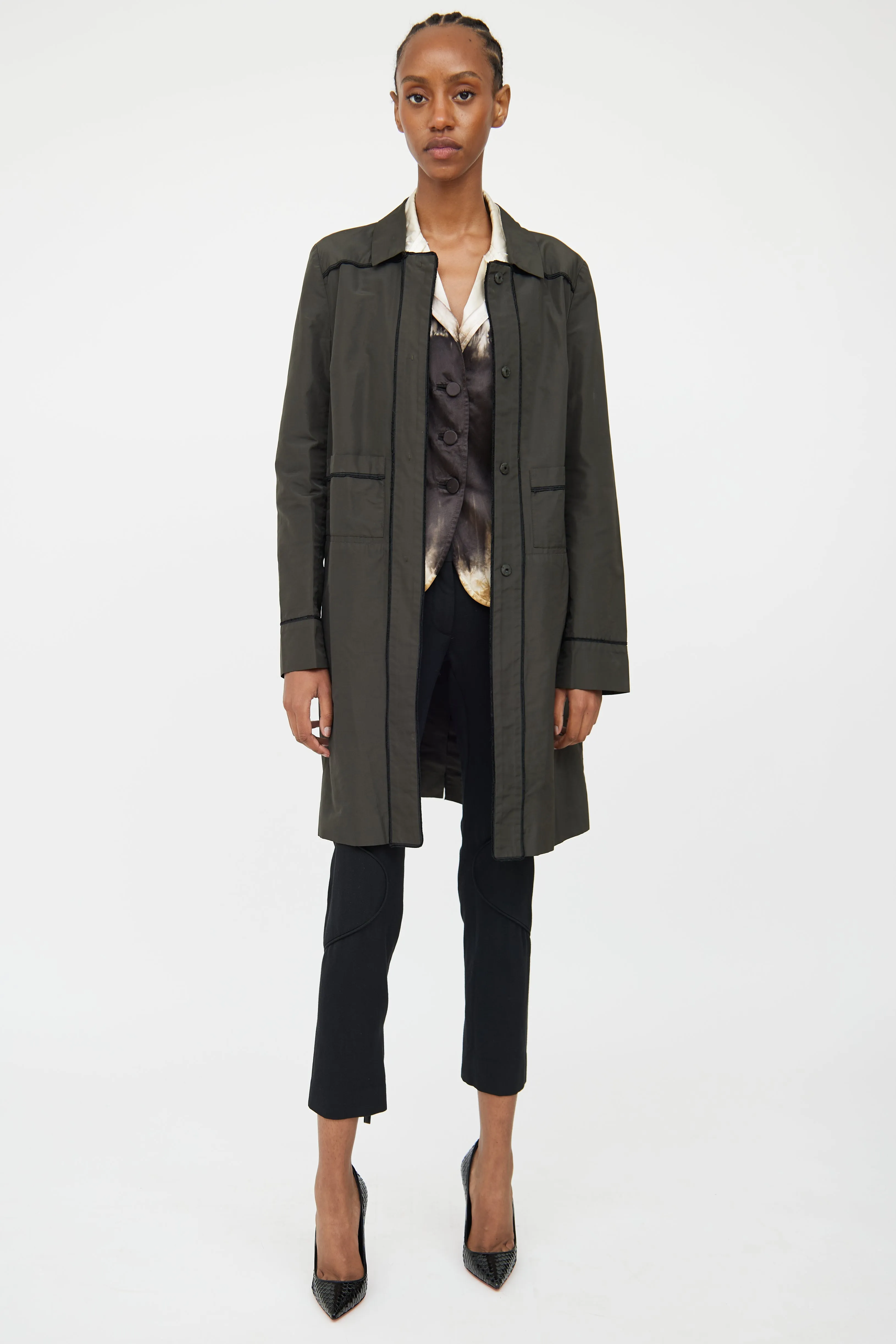 Green & Black Detail Trench Coat