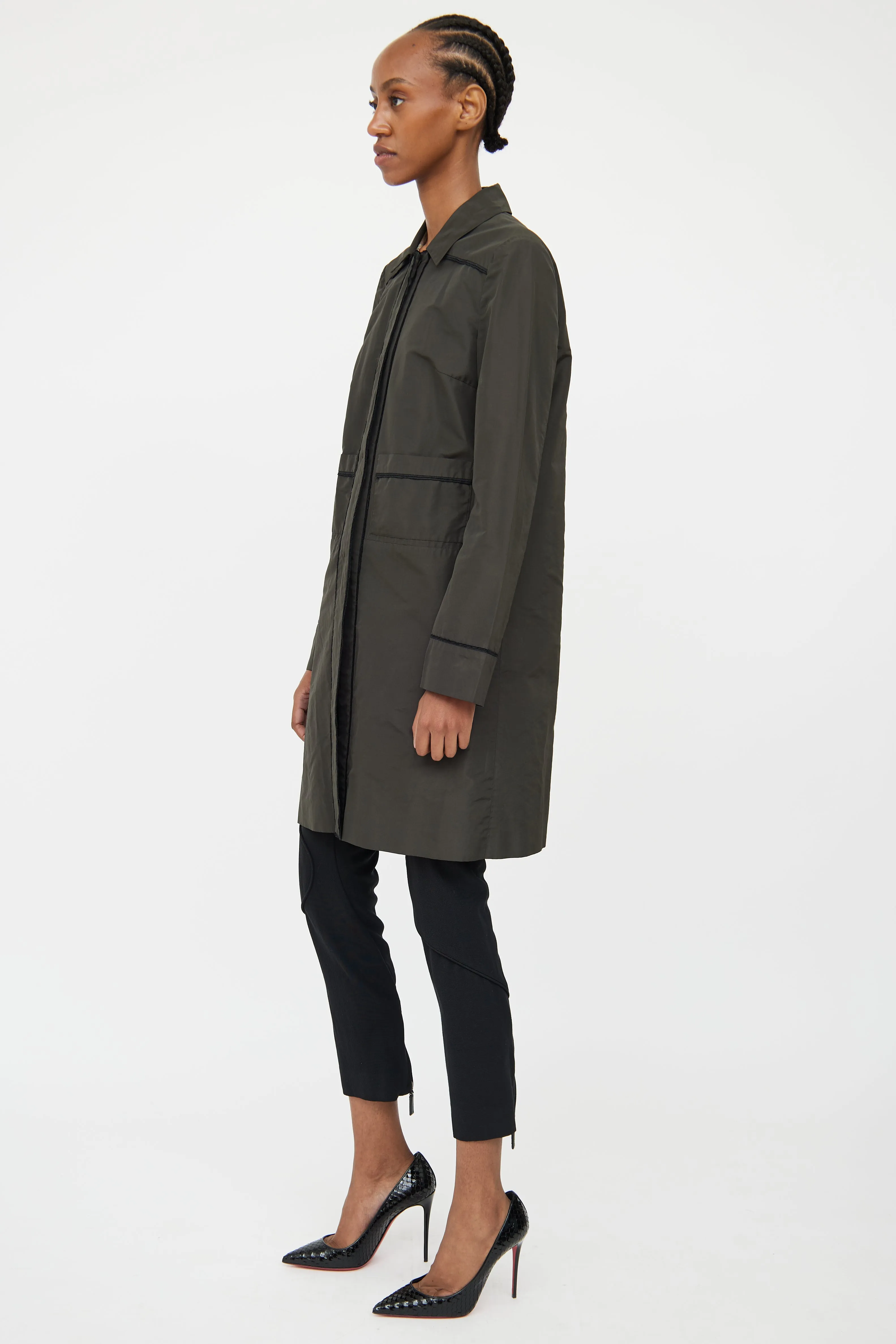 Green & Black Detail Trench Coat