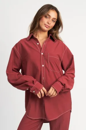 Hot Girl Chloe Contrast Stitch Button Down Long Sleeve Shirt