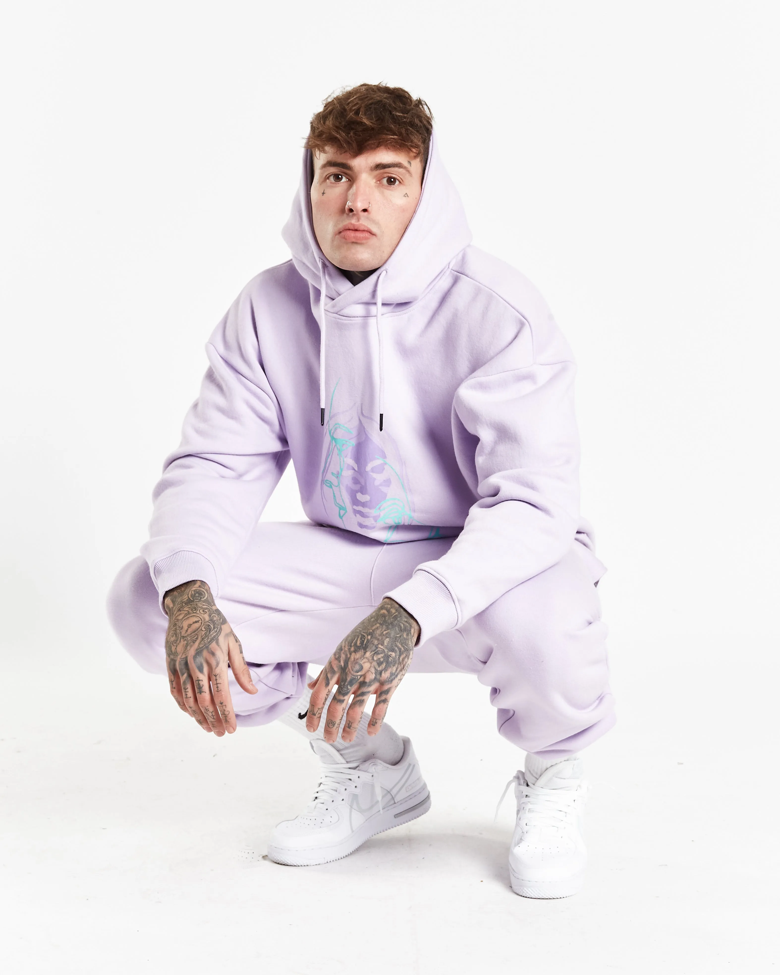 Illustrated Faces Relaxed Hoody In Lilac