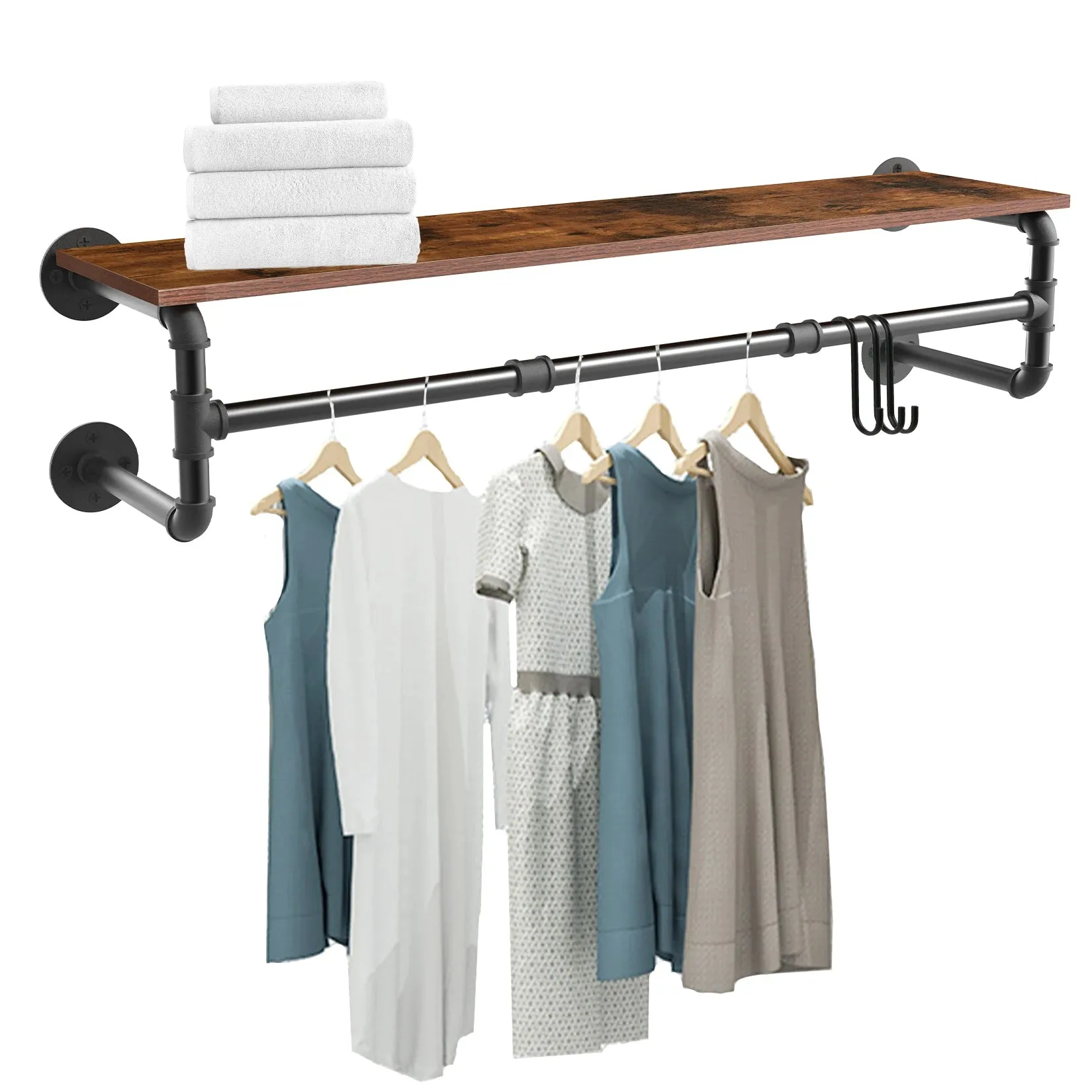 Industrial Pipe Clothing Rack Wall Mounted Wood Shelf Pipe Shelving Floating Shelves Retail Garment Rack Display Racks