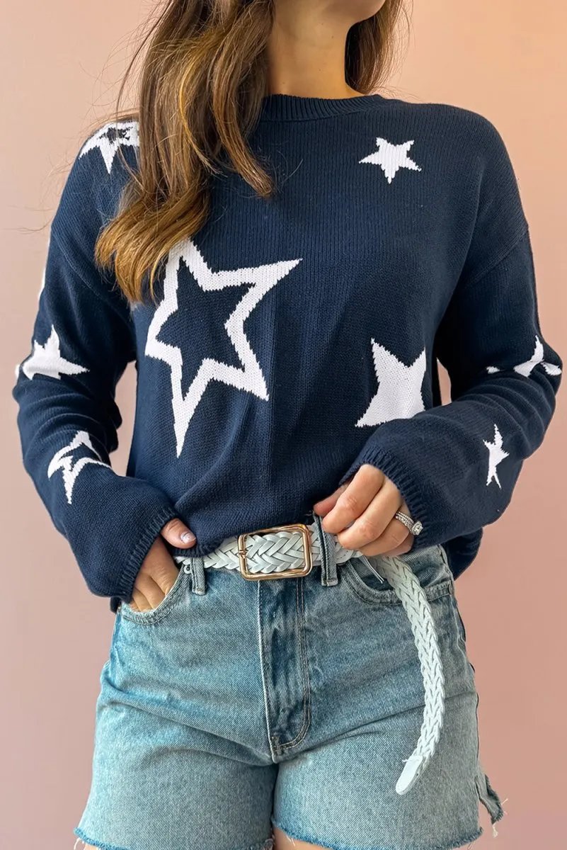 Knitted Navy Blue Star Drop Shoulder Sweater