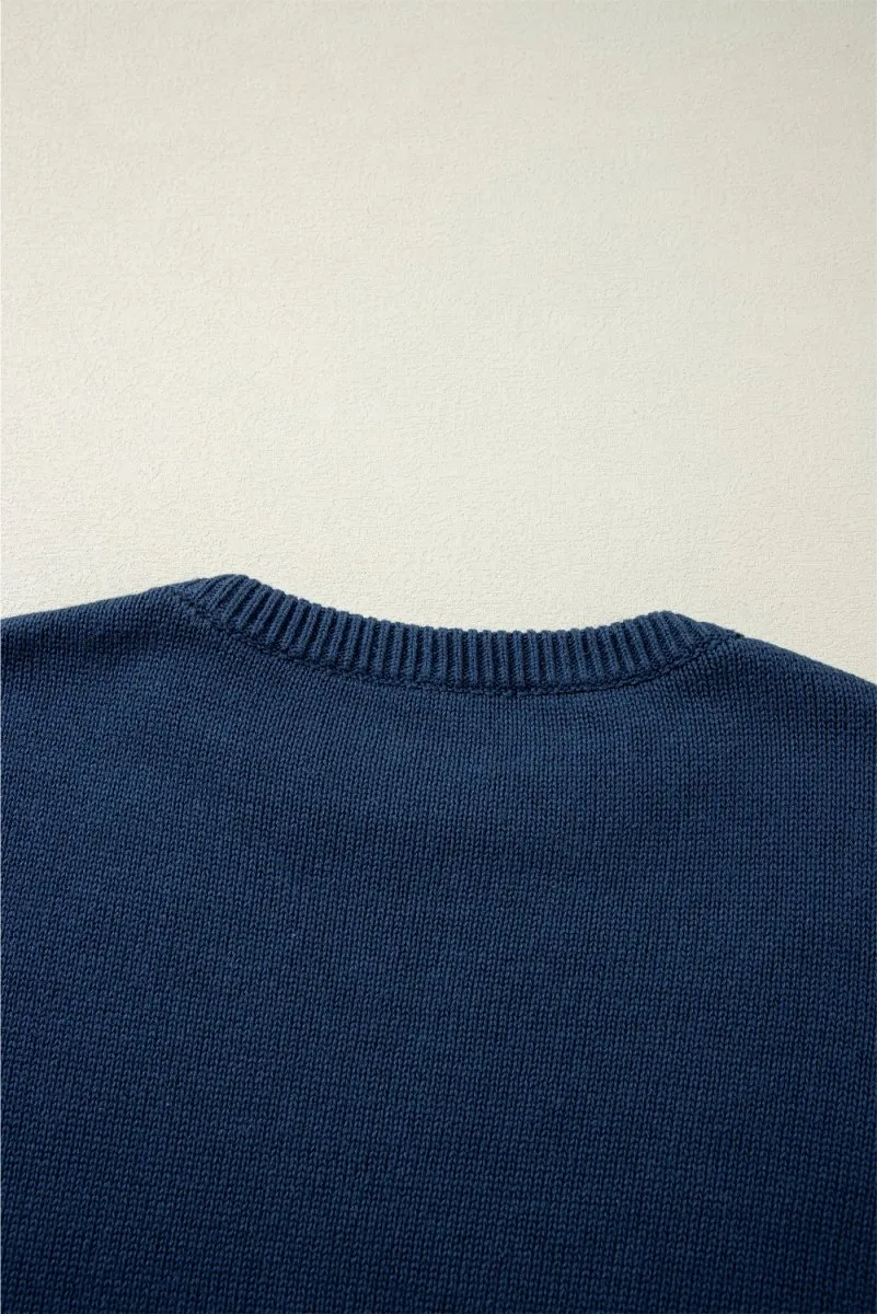 Knitted Navy Blue Star Drop Shoulder Sweater