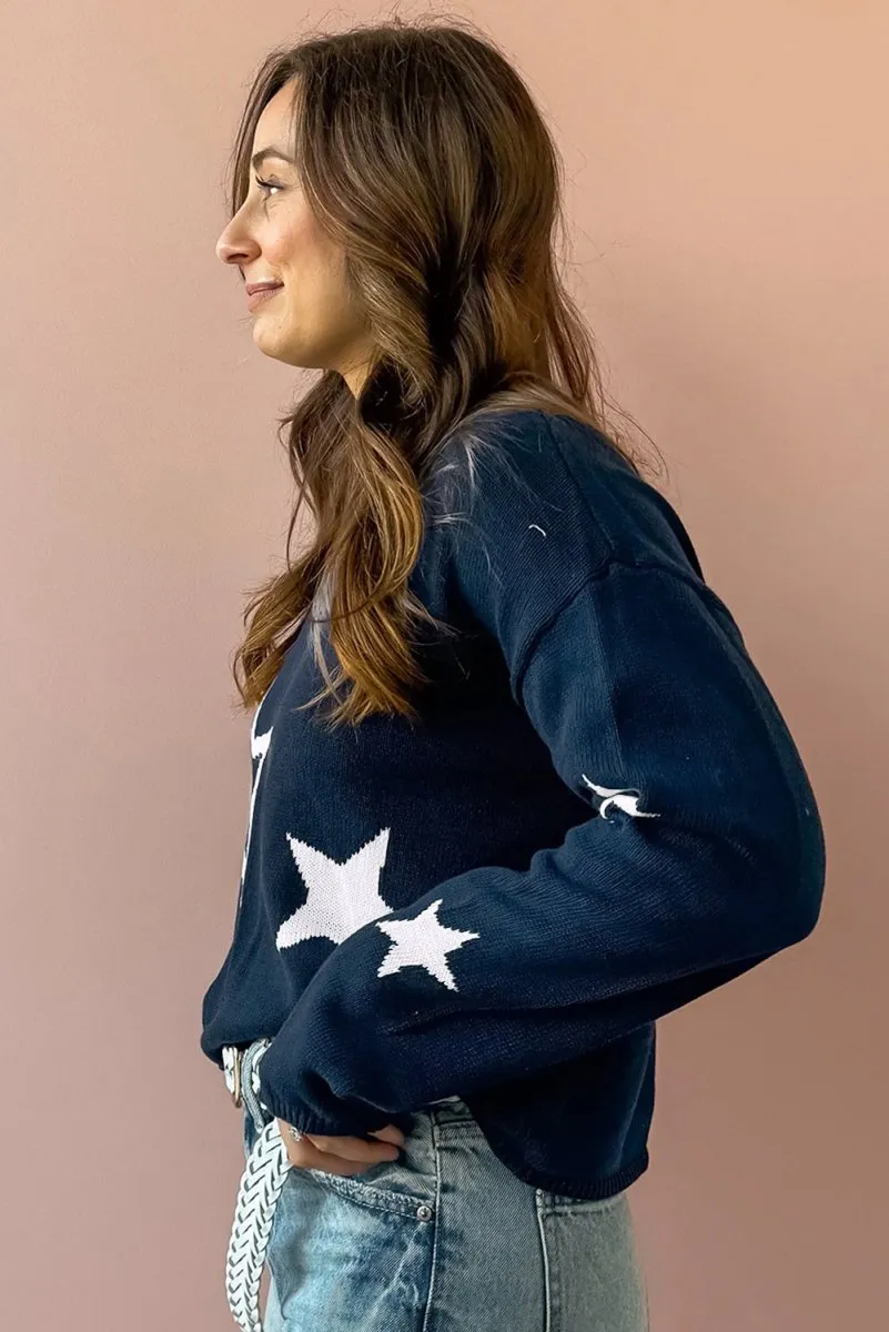 Knitted Navy Blue Star Drop Shoulder Sweater