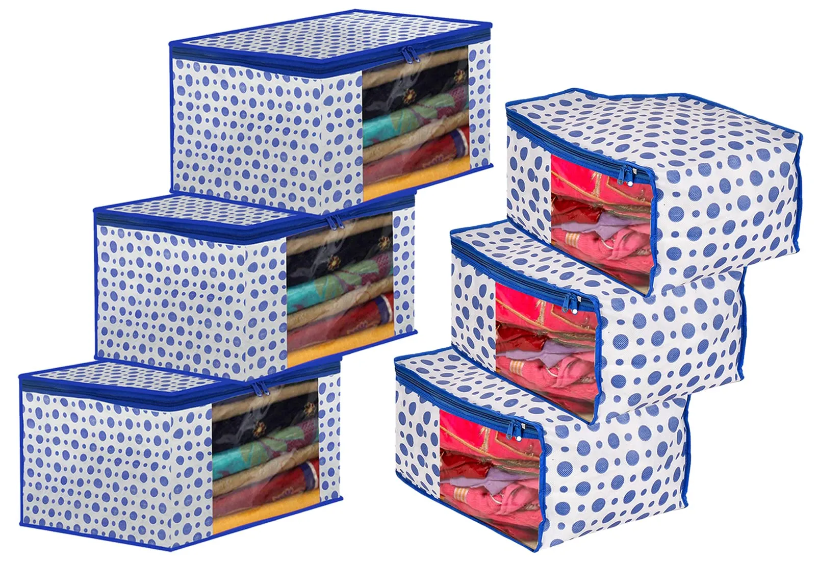 Kuber Industries Dot Printed Foldable, Lightweight Non-Woven Blouse & Saree Cover/Organizer Set With Tranasparent Window- Pack of 6 (Blue)-46KM0469