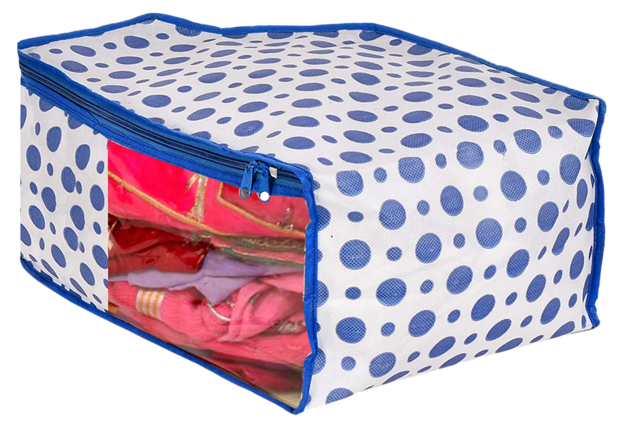 Kuber Industries Dot Printed Foldable, Lightweight Non-Woven Blouse & Saree Cover/Organizer Set With Tranasparent Window- Pack of 6 (Blue)-46KM0469