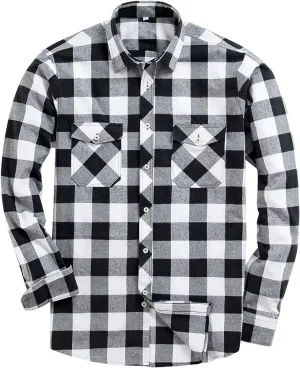 Men's Button Down Regular Fit Long Sleeve Plaid Flannel Casual Shirts Black/White