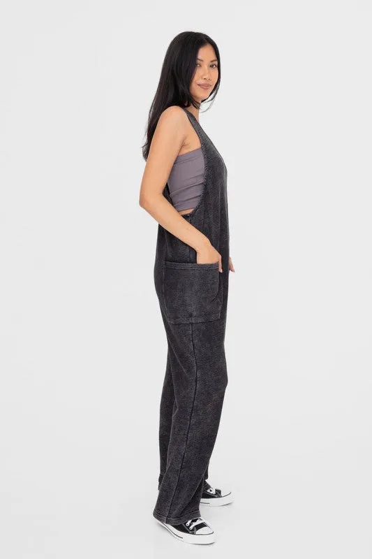 Mineral-Washed V Neck Overalls with Pockets