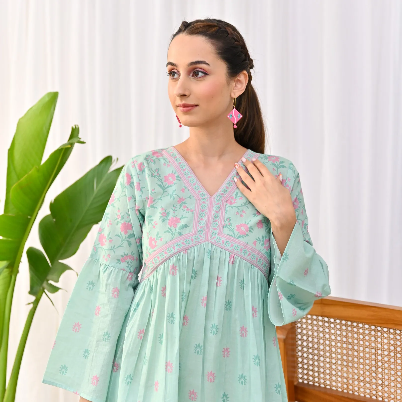 Mint Sanganeri Print Tunic with Bell Sleeves