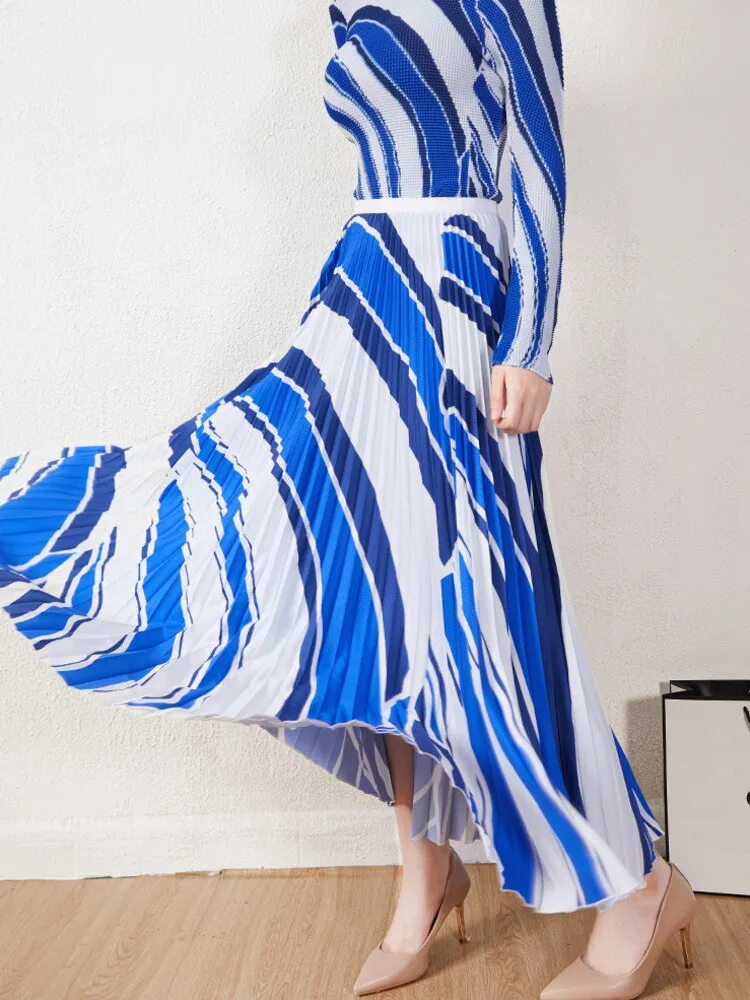 MIyake Pleated Striped Top & Long Skirt Set