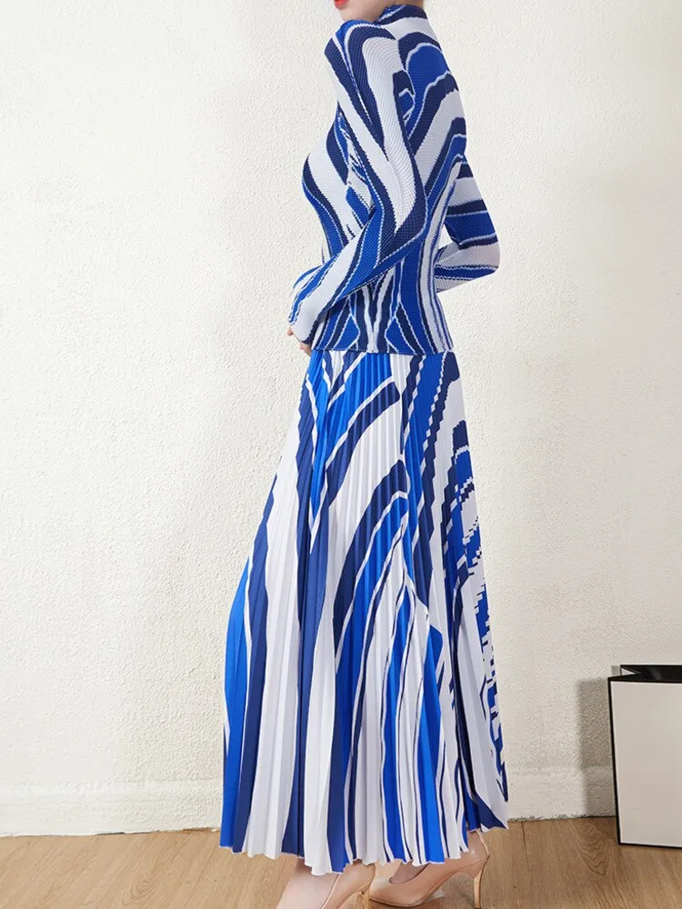 MIyake Pleated Striped Top & Long Skirt Set