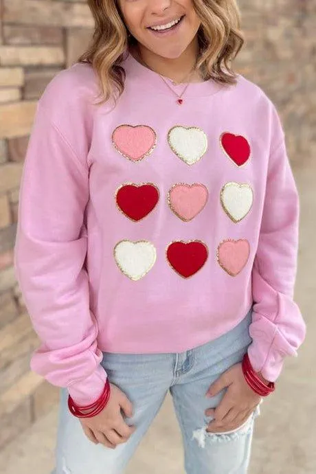 Pink Glitter Chenille Hearts Valentines Sweatshirt