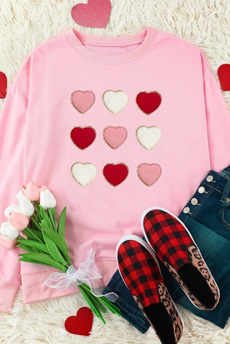 Pink Glitter Chenille Hearts Valentines Sweatshirt