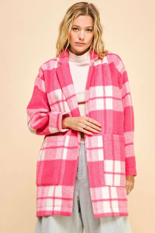 Plaid Open Front Drop Shoulder Longline Coat