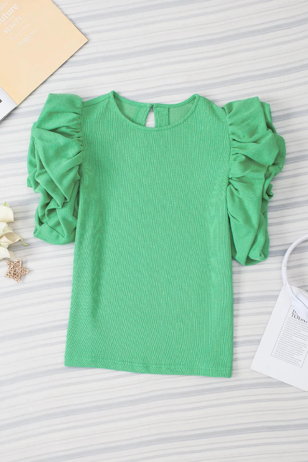 Puffy Ruffle Green Knit Blouse