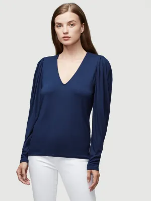 Shirred V Neck Knit Top -- Navy