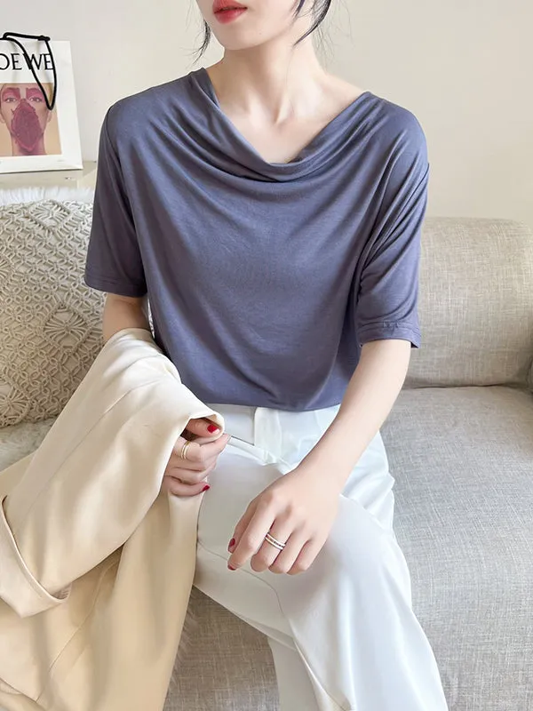 Short Sleeves Pleated Solid Color Heaps Collar T-Shirts Tops