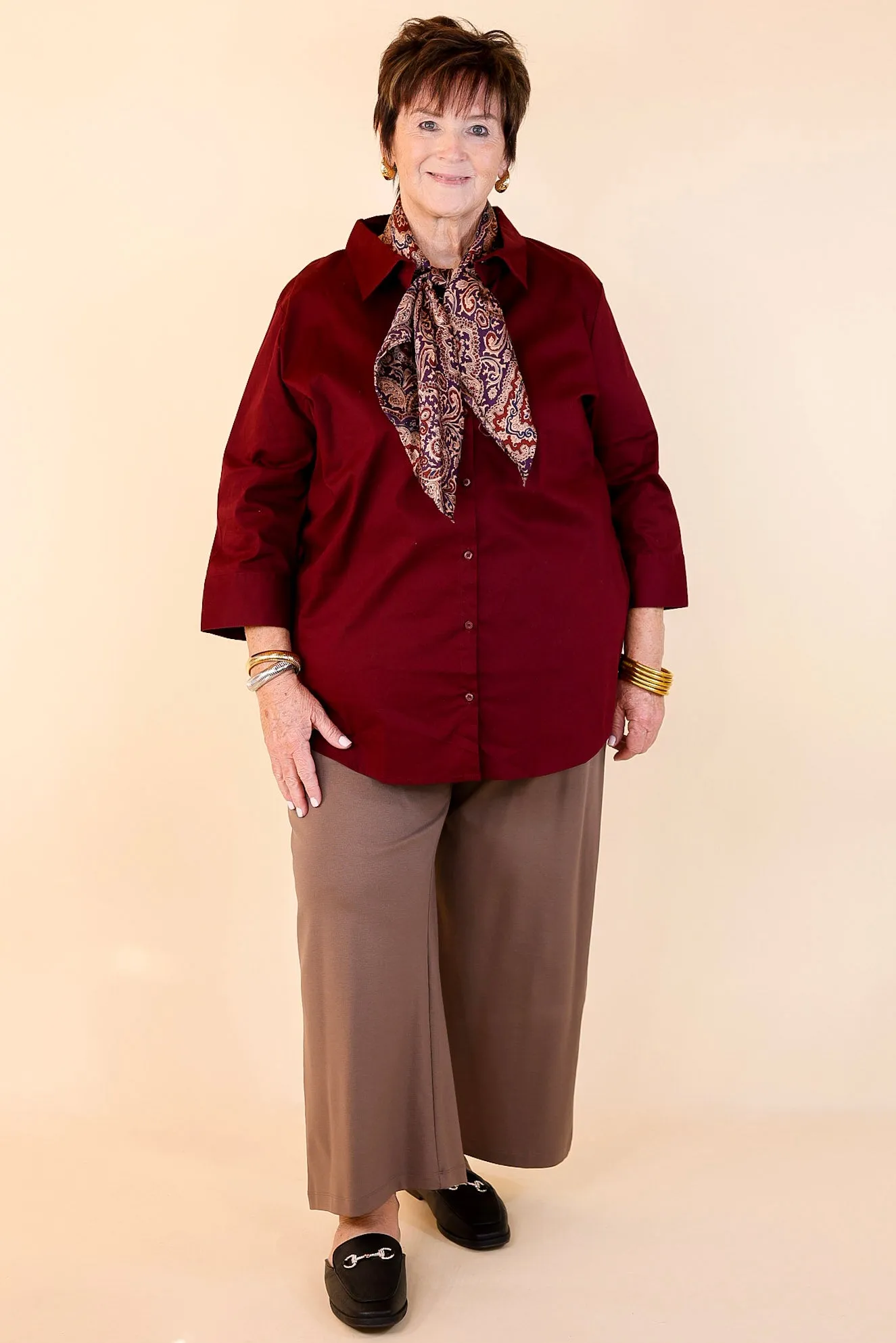 Simply Chic Collared Button Up Top with 3/4 Sleeves in Maroon