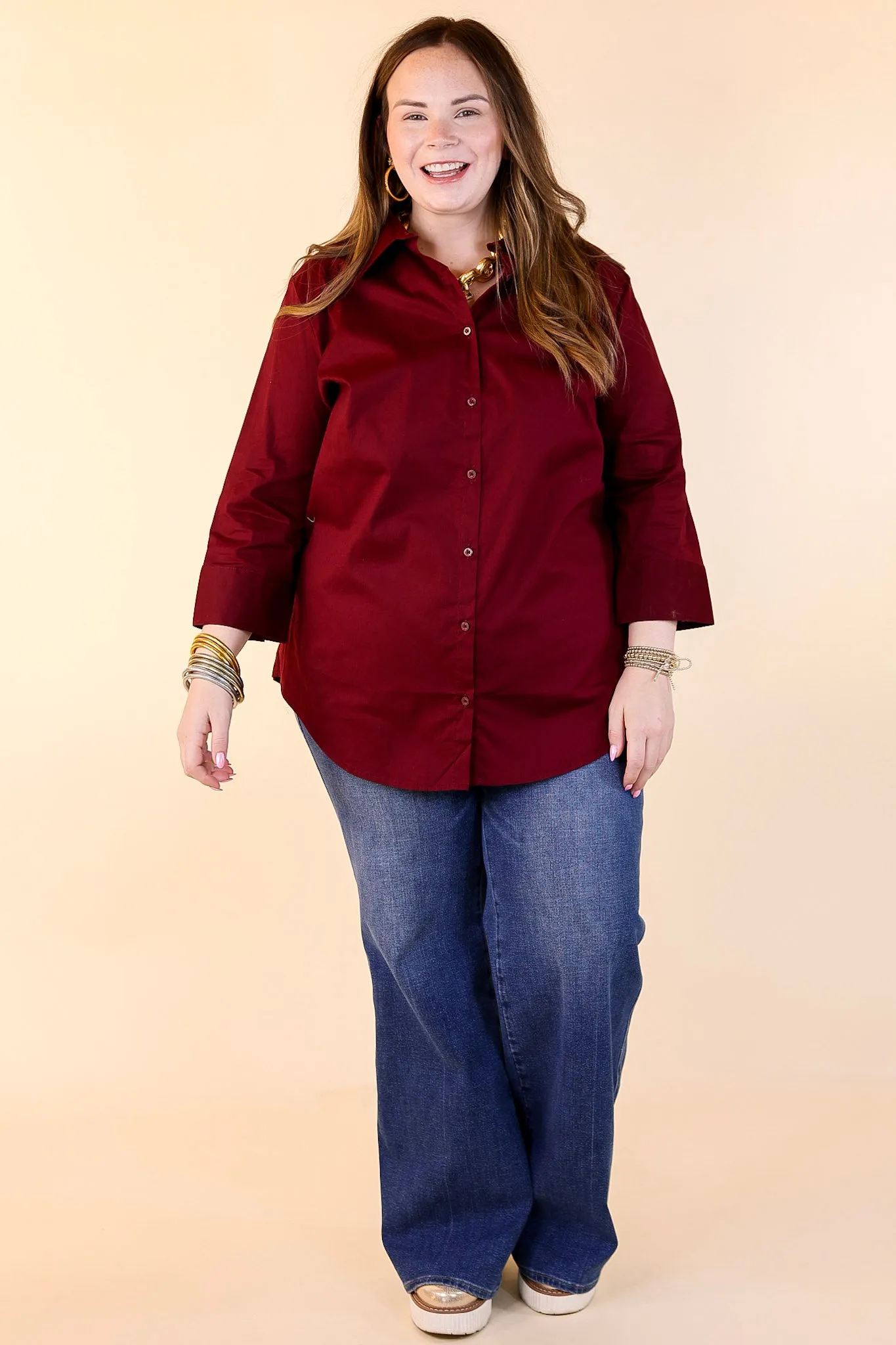 Simply Chic Collared Button Up Top with 3/4 Sleeves in Maroon