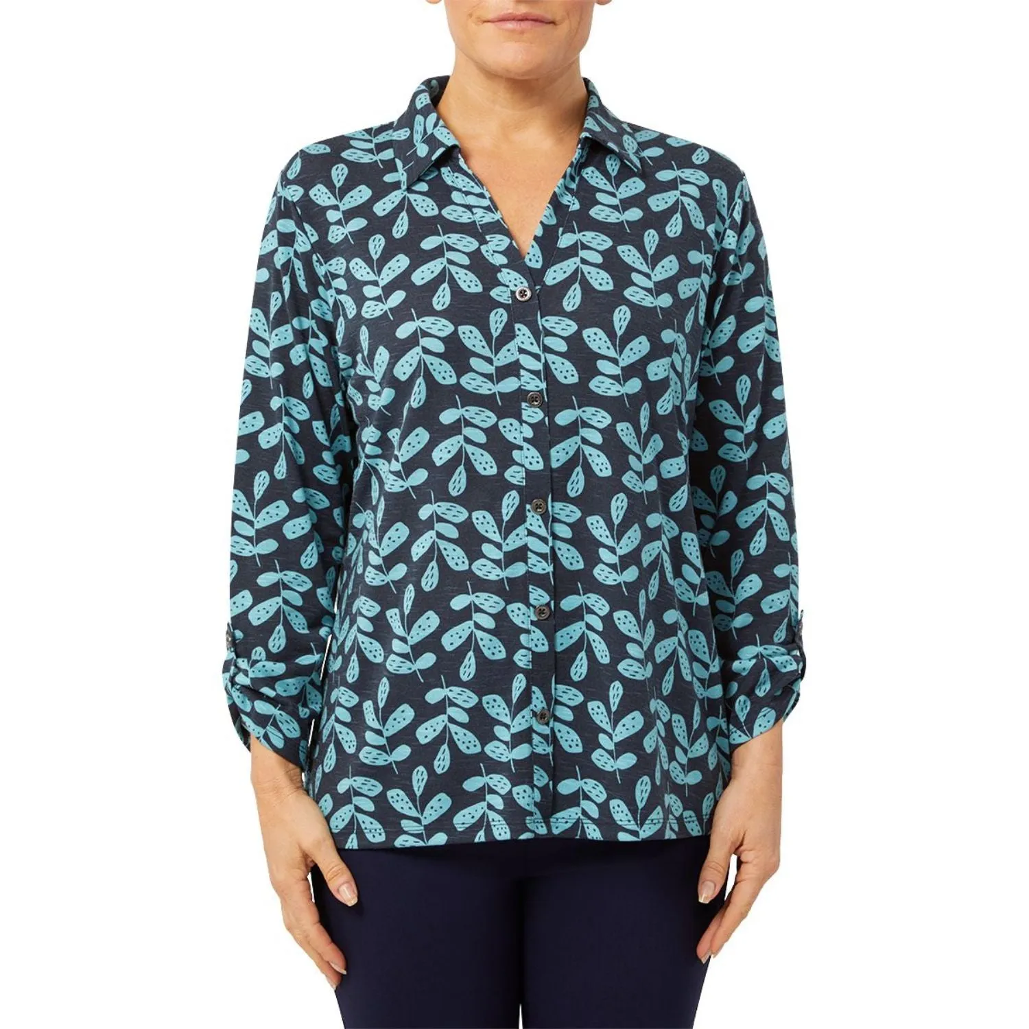 TIGI 22/24 Indigo Eco Leaf Print Button Shirt