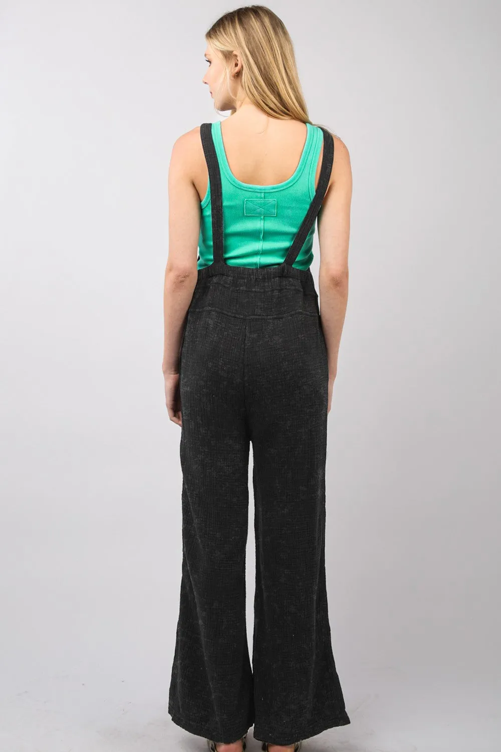 VERY J Texture Washed Wide Leg Overalls