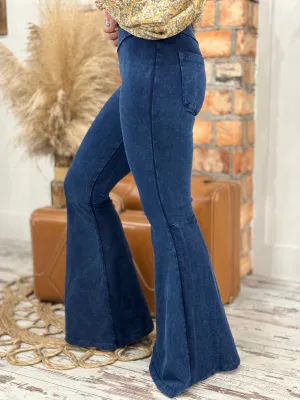 Washed Bell Bottom Flare Pants with Pockets in Dark Blue