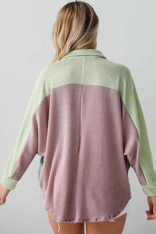 Women Block Corded Buttoned Oversized Blouse